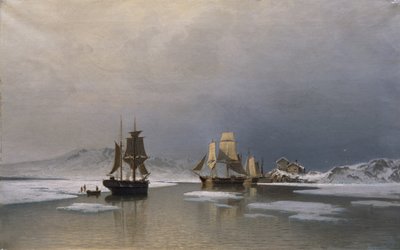 Seilskuter på frossen fjord (olje på lerret) av Reinholdt Boll