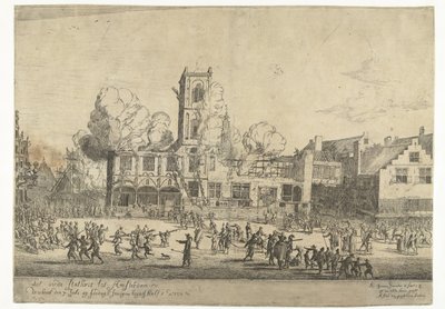 Brann i det gamle rådhuset i Amsterdam Det gamle Stathuis til Amsterdam brant ned 7. juli søndag morgen klokken halv tre Ao 1652 (tittel på objekt) av Reinier Nooms