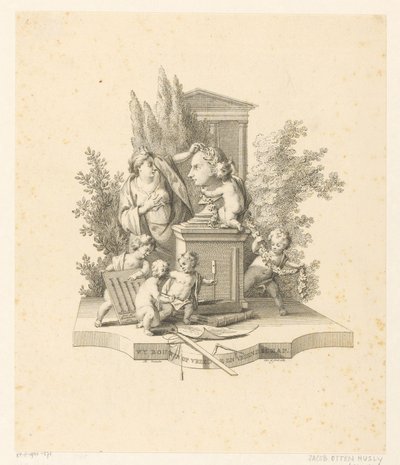 Allegorisk fremstilling med en byste av Jacob Otten Huslij av Reinier Vinkeles (I)
