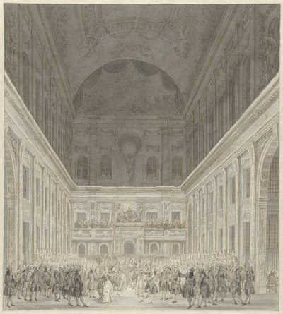 Ball i borgerhallen i rådhuset i Amsterdam til ære for besøket til prins William V og Wilhelmina av Preussen, juni 1768 av Reinier Vinkeles (I)