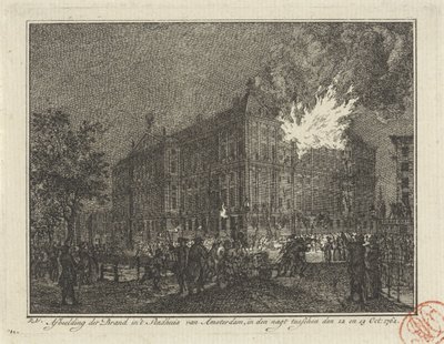 Brann i rådhuset i Amsterdam, 1762 Skildring av brannen i rådhuset i Amsterdam, om natten mellom 12. og 13. oktober: 1762 (tittel på objekt) av Reinier Vinkeles (I)