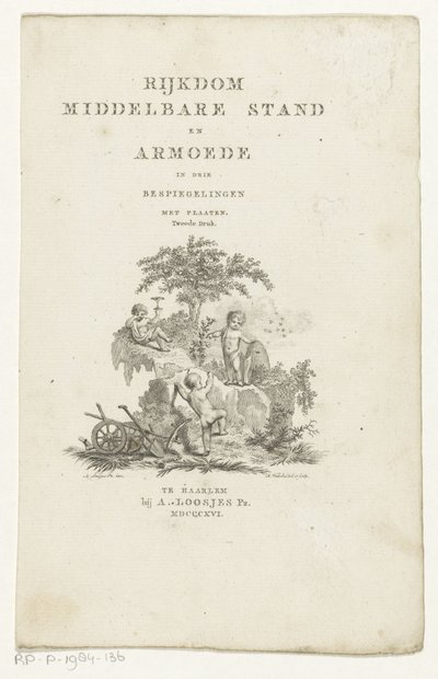 Tre putti med attributter i et fjellandskap Tittelside for: Adriaan Pietersz. Loosjes, Middelklassens rikdom og fattigdom i tre refleksjoner, 1816 av Reinier Vinkeles (I)