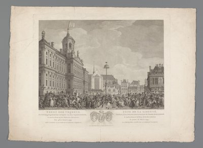 Frihetsfesten på Dam-plassen i Amsterdam, 4. mars 1795 Frihetsfesten, feiret, i anledning innvielsen av frihetstreet, i Amsterdam, på revolusjonsplassen, 4. mars 1795. Det første året for den bataviske friheten / Fête de la L av Reinier Vinkeles (I)