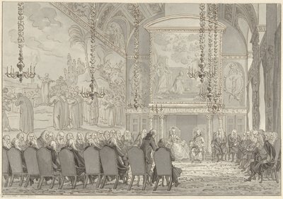 Mottakelse av prins William V og Wilhelmina av Preussen i rådhuset i rådhuset i Amsterdam av Reinier Vinkeles (I)