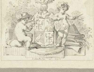 To putti, med kompass og aesculap, ved familievåpenet Schoemaker av Reinier Vinkeles (I)