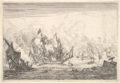Sjøslag med en engelsk skipsgrunnlegger til venstre, fra Naval Battles Nieuwe Sc..., 1652-54. av Reinier Zeeman