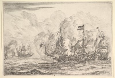 Sjømøte med tre fartøy til høyre, fra sjøslag Nieuwe Scheeps Bat..., 1652-54. av Reinier Zeeman