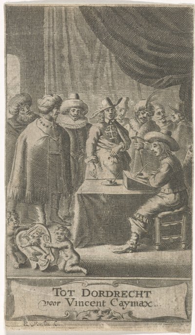 Kjøpmann ved skrivebord Tittelside for: J. van der Does e.a., Verscheyde voyagien, ofte reysen, 1652 av Reinier van Persijn