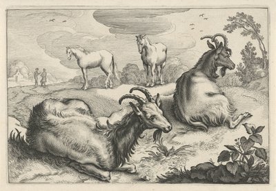 Landskap med to geiter og to hester Diversa Animalia Quadrupedia (serietittel) av Reinier van Persijn
