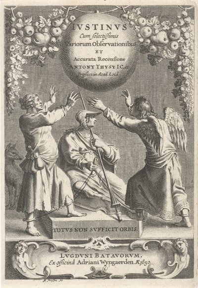 Minerva en twee geketende figurer Tittelside for: A. Thysius, Justinus med de mest utvalgte forskjellige observasjonene og en detaljert gjennomgang, 1650 av Reinier van Persijn