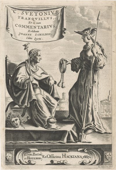 Pidestall med en keiser på setet Tittelside for: J. Schild, [Opera], 1667 av Reinier van Persijn