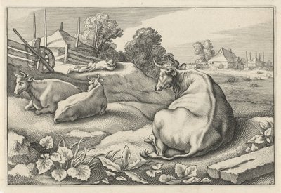 Beite med tre liggende kyr Diversa Animalia Quadrupedia (serietittel) av Reinier van Persijn