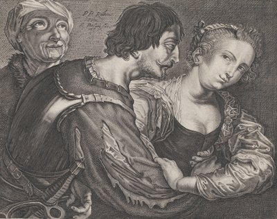 Innkjøperen: en gammel kvinne, en soldat og en kvinne, ca. 1635-68. av Reinier van Persyn