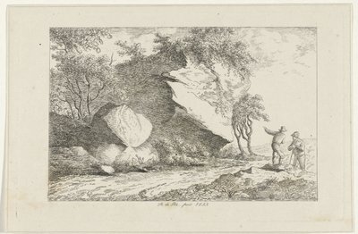 Landskap med to figurer ved en stein av Reinierus Albertus Ludovicus baron van Isendoorn à Blois