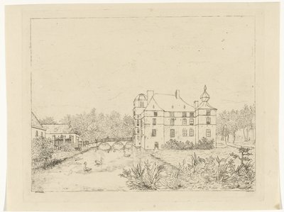 Sidevisning av Cannenburch-slottet med hus ved inngangsbroen av Reinierus Albertus Ludovicus baron van Isendoorn à Blois
