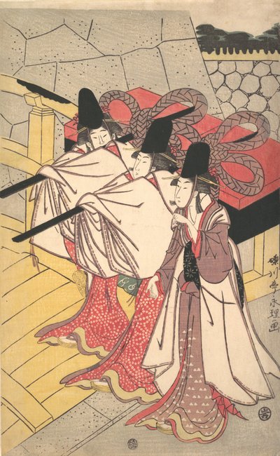 Prins Genji vender tilbake til palasset hans hvor kona venter på ham, ca. 1797., ca. 1797. av Chōkyōsai Eiri