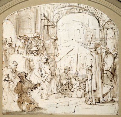Christ Mocked (penn og blekk med vask på papir) av Rembrandt Harmensz. van Rijn (school of)