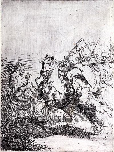En kavalerikamp (penn og blekk på papir) av Rembrandt Harmensz. van Rijn