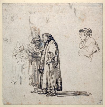 En gruppe eldre lærde og, hver for seg, en yngre manns profil (penn og brunt blekk med vask og gouache på papir) av Rembrandt Harmensz. van Rijn