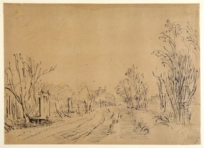 En hovedvei som fører til et hus gjennom trær (to broer og portadgang til dijken) (penn og blekk på brunt papir) av Rembrandt Harmensz. van Rijn