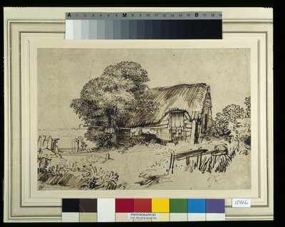 En hytte med stråtak ved et stort tre, en figur som sitter utenfor, ca. 1648-52 (penn og blekk på papir) av Rembrandt Harmensz. van Rijn