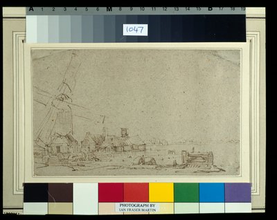 En vindmølle og en gruppe hus, ca. 1652-53 (rørpenn og blekk med vask på papir) av Rembrandt Harmensz. van Rijn