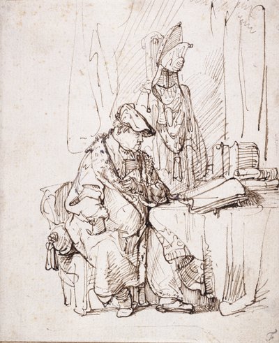 En skuespiller i garderoben hans (penn og brunt blekk på hvitt papir) av Rembrandt Harmensz. van Rijn