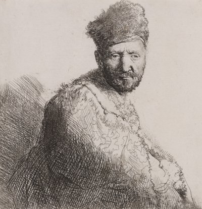 Skjeggete mann i orientalsk lue og kappe av Rembrandt van Rijn