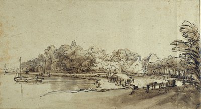 Bend in the Amstel nær Kostverloren House, tidlig på 1650-tallet (penn og blekk med vask og kroppsfarge på papir) av Rembrandt Harmensz. van Rijn