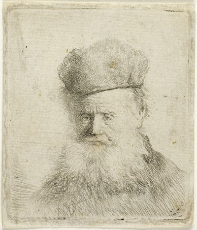Byste av en gammel mann med en pelshatte og flytende skjegg, ca. 1631 (radering på papir) av Rembrandt Harmensz. van Rijn