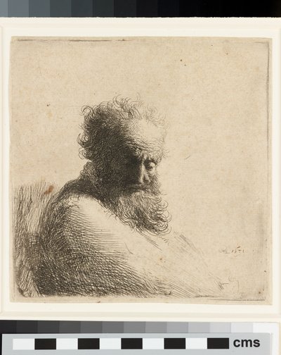Byste av en gammel skjeggete mann, sett ned, tre fjerdedeler til høyre av Rembrandt Harmensz. van Rijn