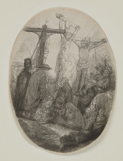Kristus korsfestet mellom to tyver: en oval plate, ca. 1641 (etsing og tørrnipp) av Rembrandt van Rijn