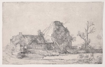 Hytte og gårdsbygninger med en mann som skisserer, ca. 1645 (etsing) av Rembrandt van Rijn