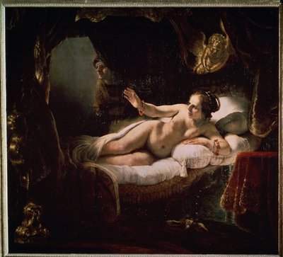 ""Danae"". Gresk mytologi: Zevs presenterer seg for Danae i form av en dusj av gullmynter for å forføre henne. Maleri av Harmenszoon van Rijn kjent som Rembrandt (1606-1669) av Rembrandt Harmensz. van Rijn