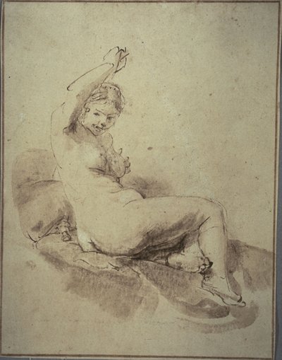 Kvinne naken tilbakelent med arm hevet, ca. 1665 (penn og brunt blekk og pensel og brun vask, på brunfarget papir) av Rembrandt Harmensz. van Rijn