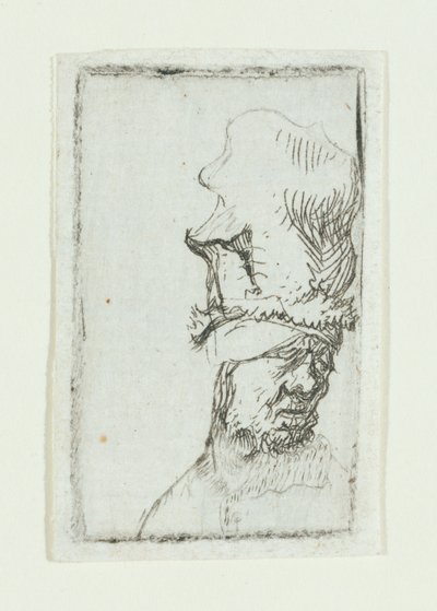 Hodet til en mann med høy hette (etsing) av Rembrandt van Rijn