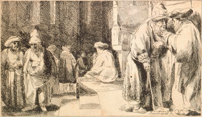 ""Juifs a la synagogue"" (Jøder i synagogen) Gravering av Rembrandt van Rhijn (1606-1669) - 1648 Dim 7,6x13 cm Jewish Museum, New York av Rembrandt van Rijn