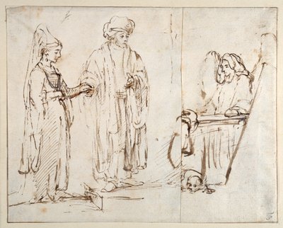 Laban bringer Lea til Jakob, med Jakob dekket av et fragment av en annen tegning; en engel med en hund liggende ved føttene hans av Rembrandt Harmensz. van Rijn