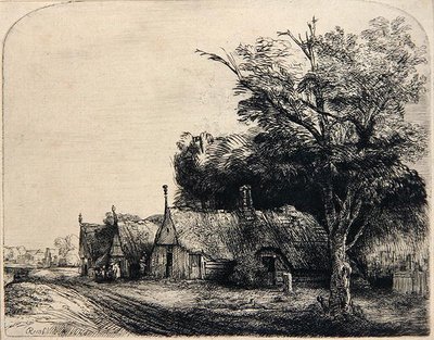 Landskap med tre hytter (etsing) av Rembrandt Harmensz. van Rijn