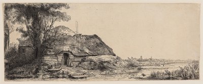 Landskap med en hytte og et stort tre av Rembrandt Harmensz. van Rijn