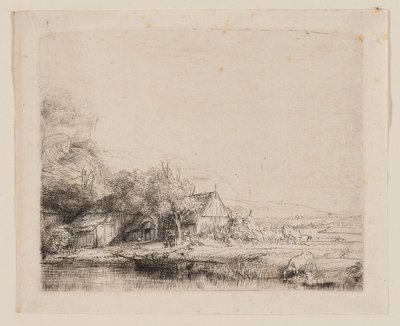 Landskap med en ku som drikker, ca. 1650 (etsing og tørrpunkt på elfenbensfarget papir) av Rembrandt Harmensz. van Rijn