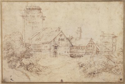 Landskap med bygninger og elskere, omfavnende, etter Titian (penn og brunt blekk med rødt kritt på papir) av Rembrandt Harmensz. van Rijn