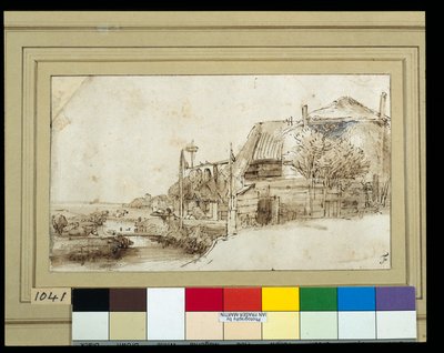 Landskap med gårdsbygninger til høyre (penn og blekk med vask på papir) av Rembrandt Harmensz. van Rijn