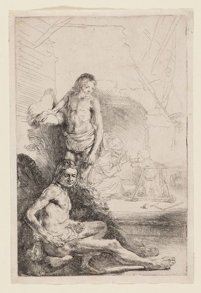 Naken mann sittende og stående, ca. 1646 (etsing på elfenbensfarget papir) av Rembrandt Harmensz. van Rijn