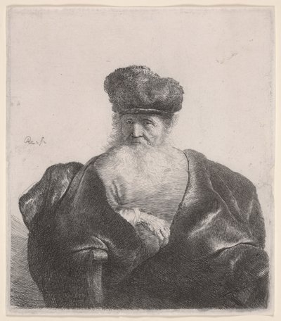Gammel mann med flytende skjegg, pelshatt og fløyelskappe, ca. 1632 (etsing) av Rembrandt van Rijn