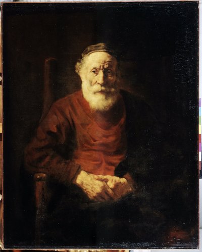 Portrett av en gammel mann i rødt. Maleri av Harmenszoon van Rijn kjent som Rembrandt (1606-1669) av Rembrandt Harmensz. van Rijn