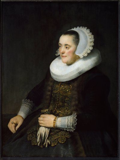 Portrett av en nederlandsk borgerlig kvinne iført ruff og hodeplagg. (Maleri av Rembrandt van Rijn
