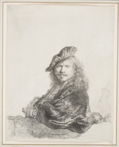 Rembrandt lener seg på en steinterskel: halv lengde av Rembrandt van Rijn