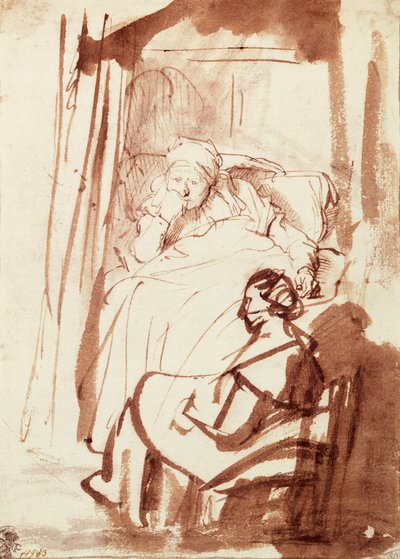 Saskia ligger i sengen, en kvinne sitter ved føttene hennes av Rembrandt Harmensz. van Rijn