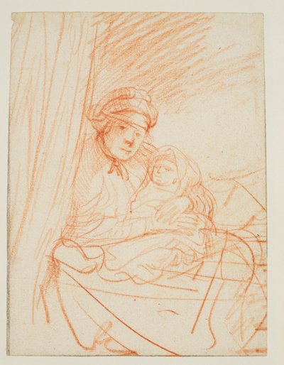 Saskia sitter oppe i sengen og holder et barn, 1635 ca av Rembrandt van Rijn